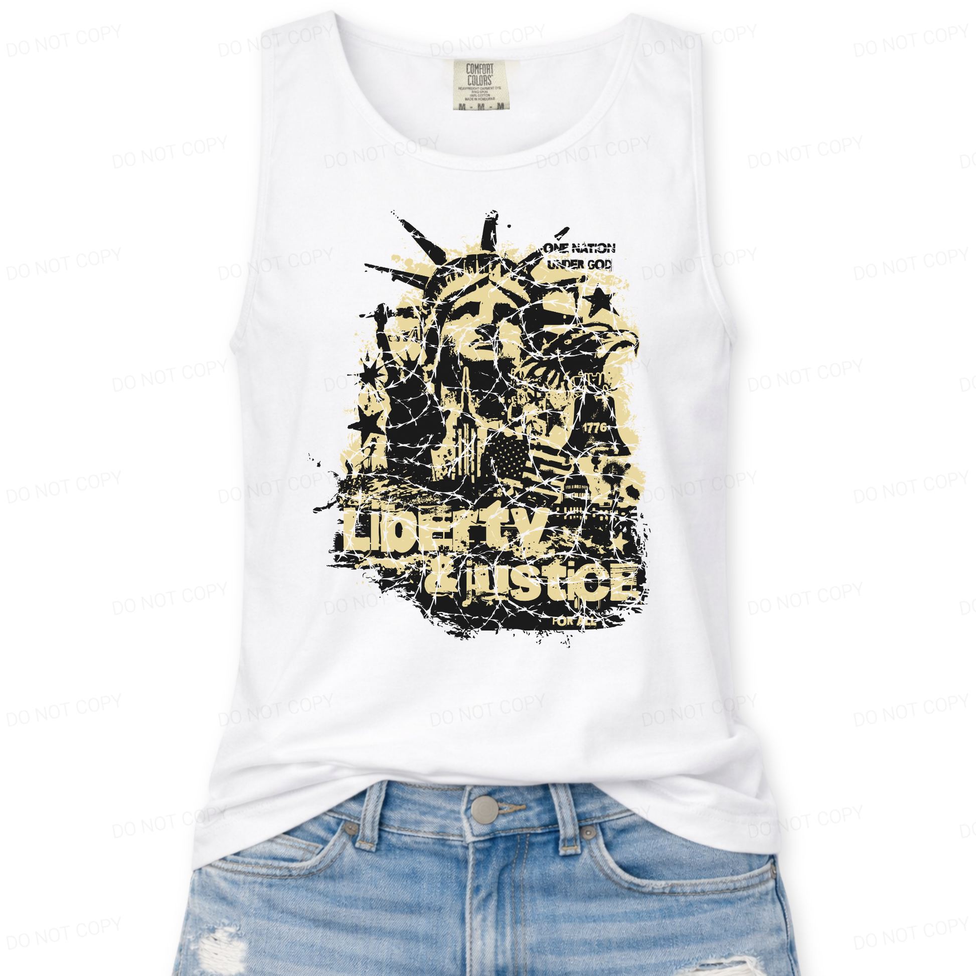 white tank top with graphic design and text 'Liberty & Justice' on a white background