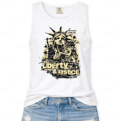 white tank top with graphic design and text 'Liberty & Justice' on a white background