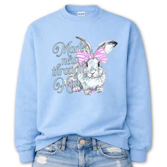 light blue Bold Christian graphic on a Gildan crewneck sweatshirt. The design features a fawn with soft brown detailing and a large pink bow, paired with the phrase “Wildly Loved” in blush vintage-style lettering. 