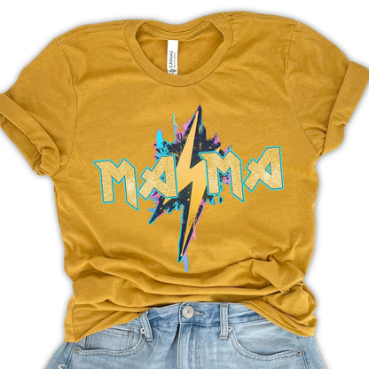 mustard t-shirt with 'Mama' lightning bolt graphic design on a white background