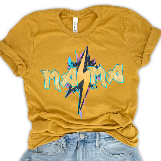 Mama Graphic Tee | Lightning Bolt Mom Shirt | Retro Mama Tee
