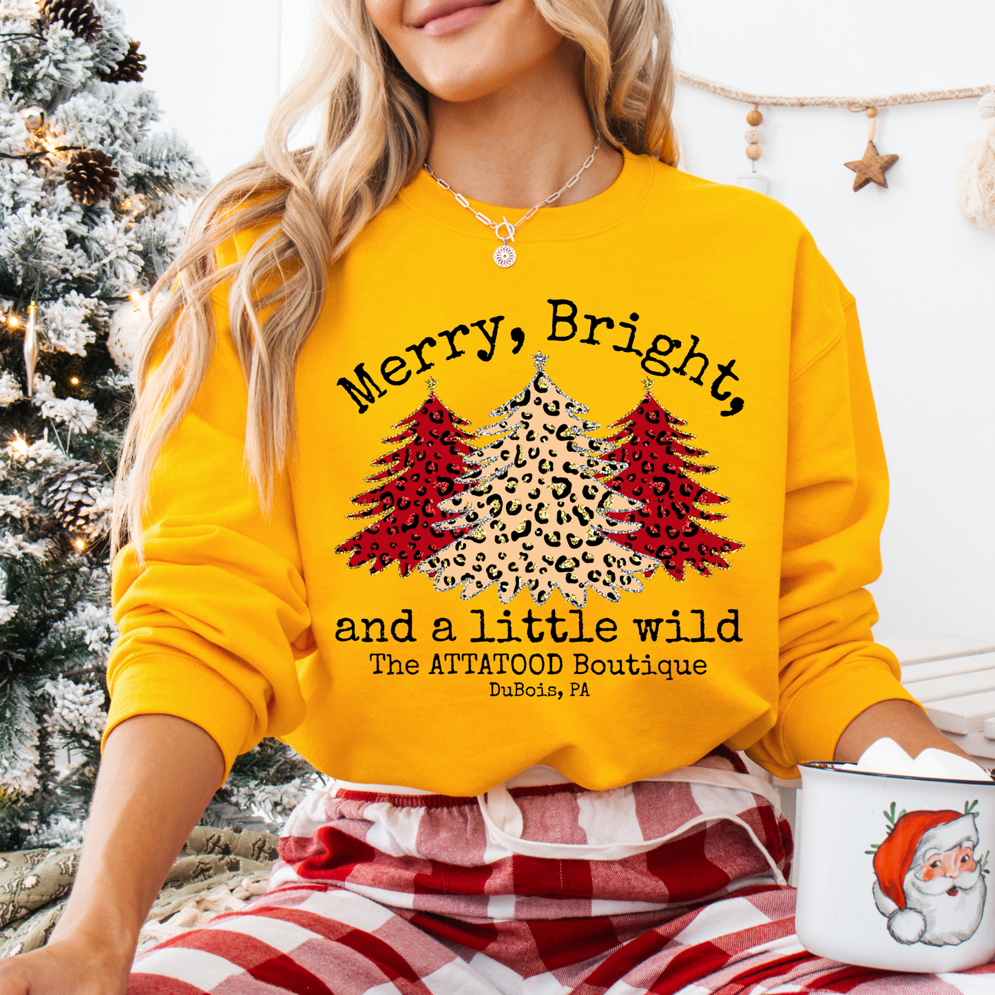 Merry, Bright and a little wild red and beige leopard print Christmas trees.  Custom with you business name, zip code, city, state or all.  Yellow sweatshirt