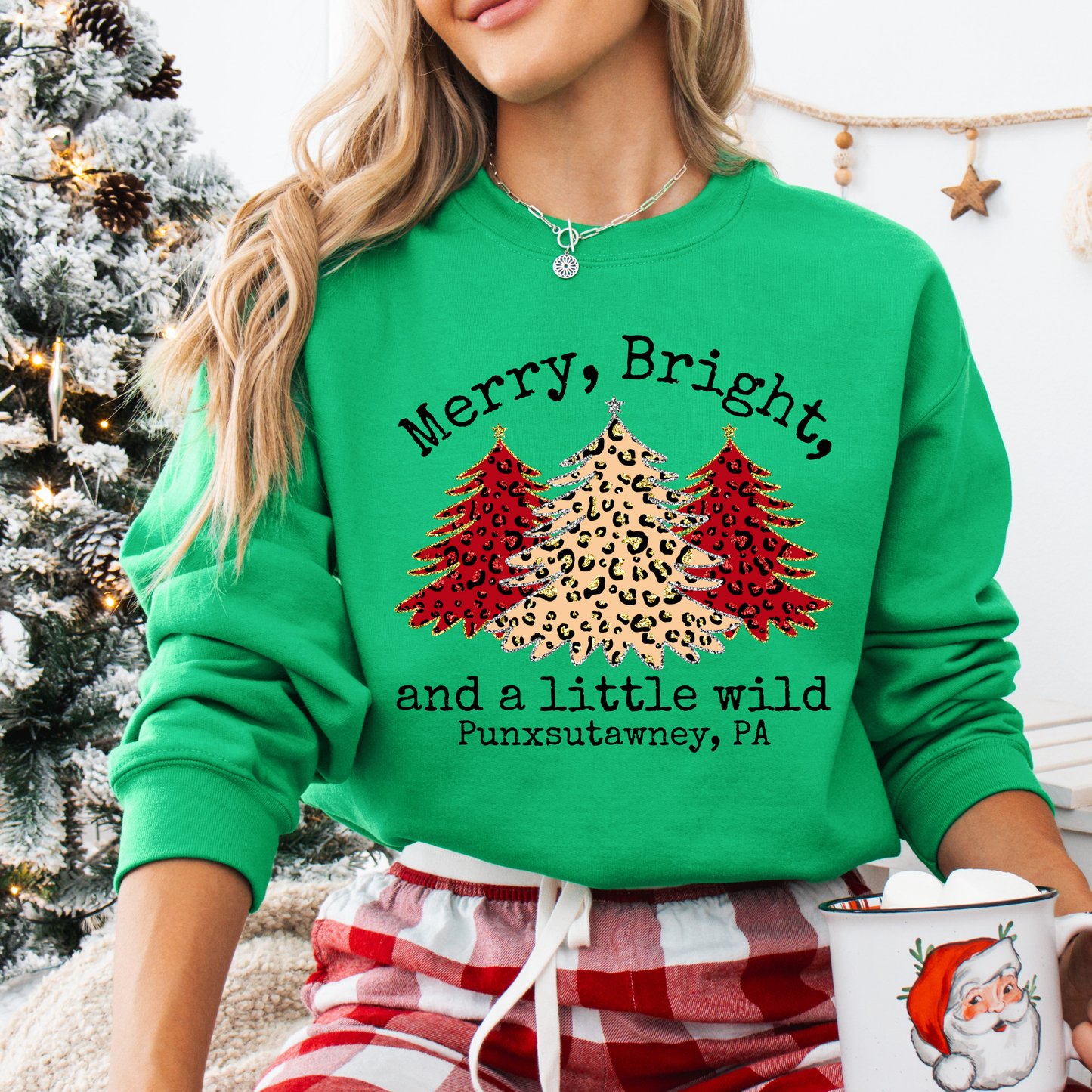 Merry, Bright and a little wild red and beige leopard print Christmas trees.  Custom with you business name, zip code, city, state or all.  Irish green sweatshirt