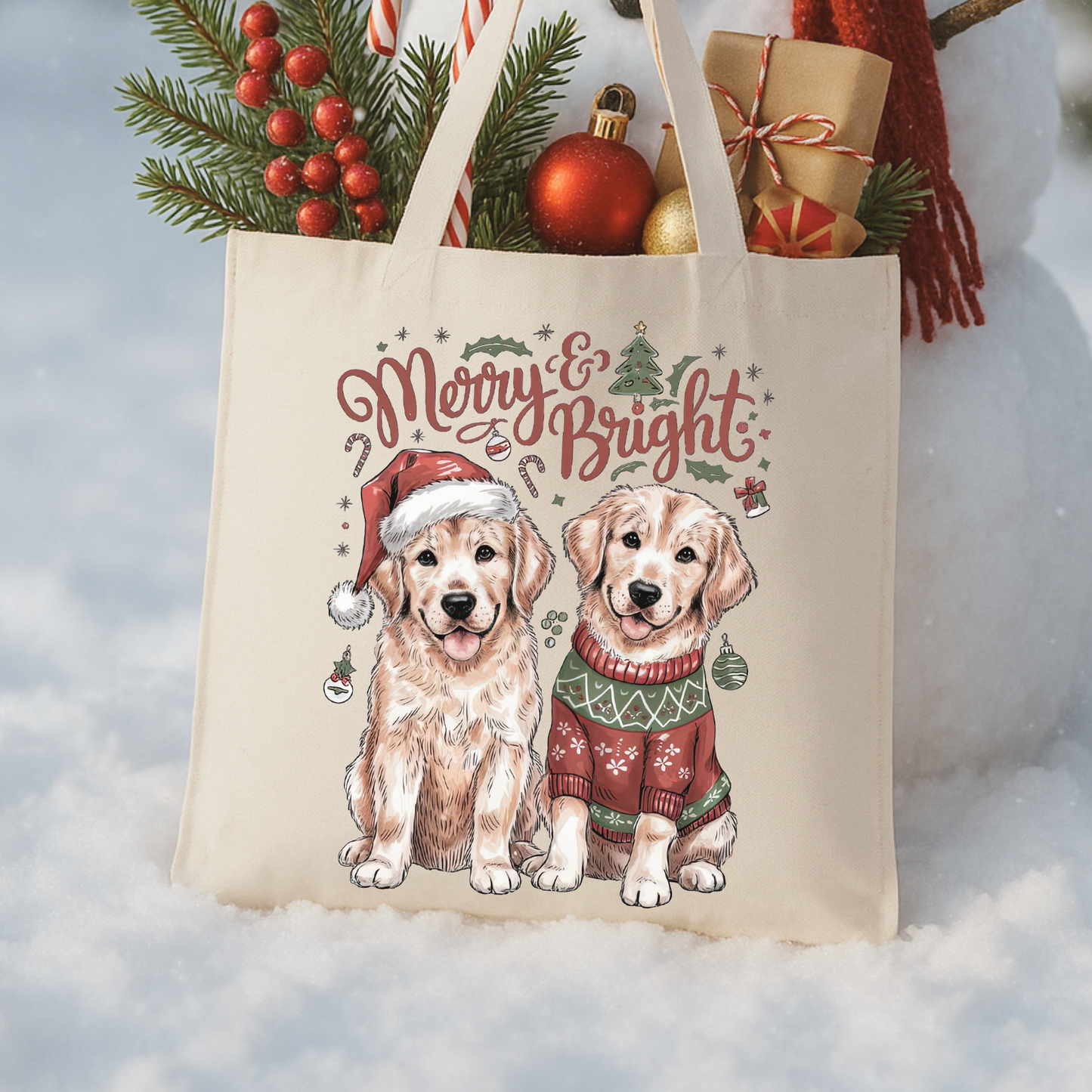 Tote bag with Christmas-themed design featuring two dogs, decorative elements, and text.  Merry and Bright