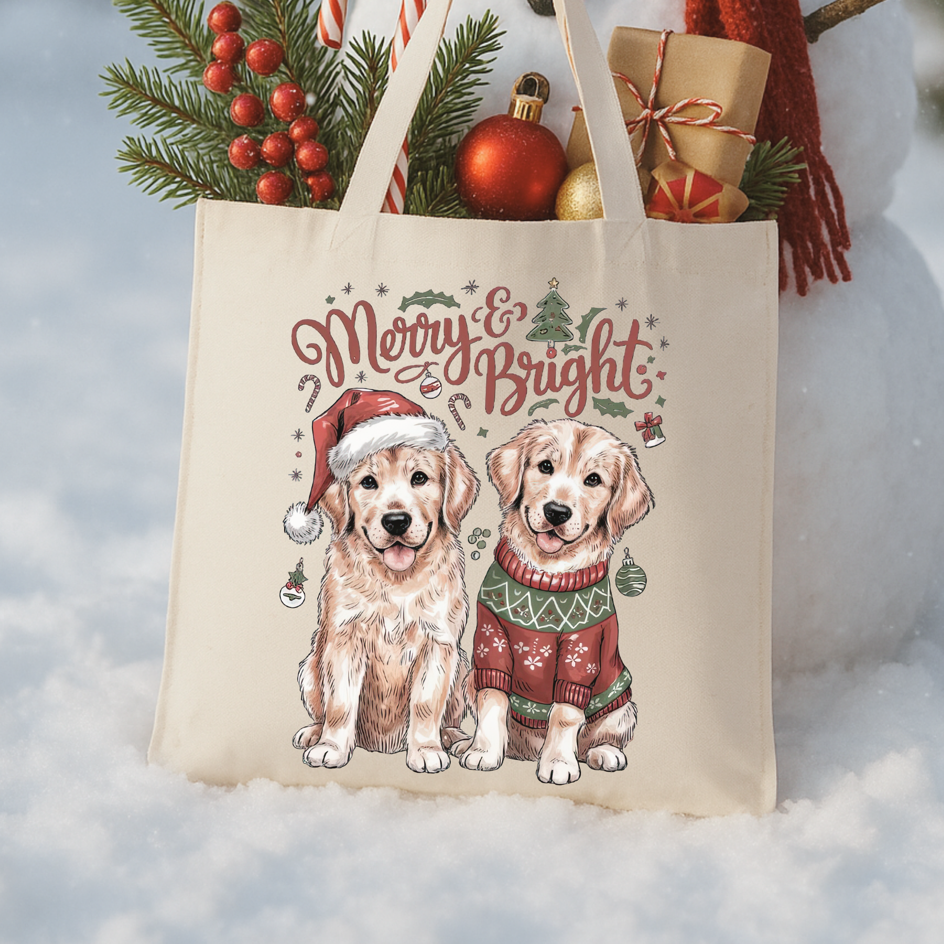 Tote bag with Christmas-themed design featuring two dogs, decorative elements, and text.  Merry and Bright