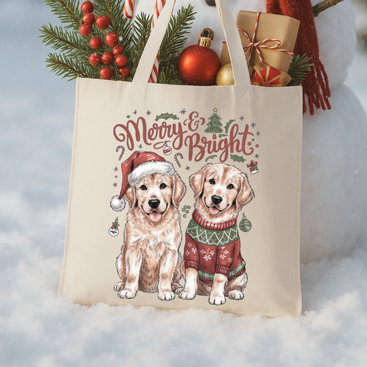 Tote bag with Christmas-themed design featuring two dogs, decorative elements, and text.  Merry and Bright