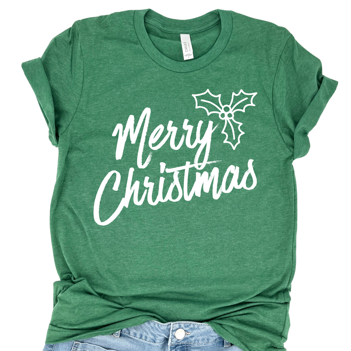 Merry Christmas Holly Graphic Tee | Women's Holiday Shirt