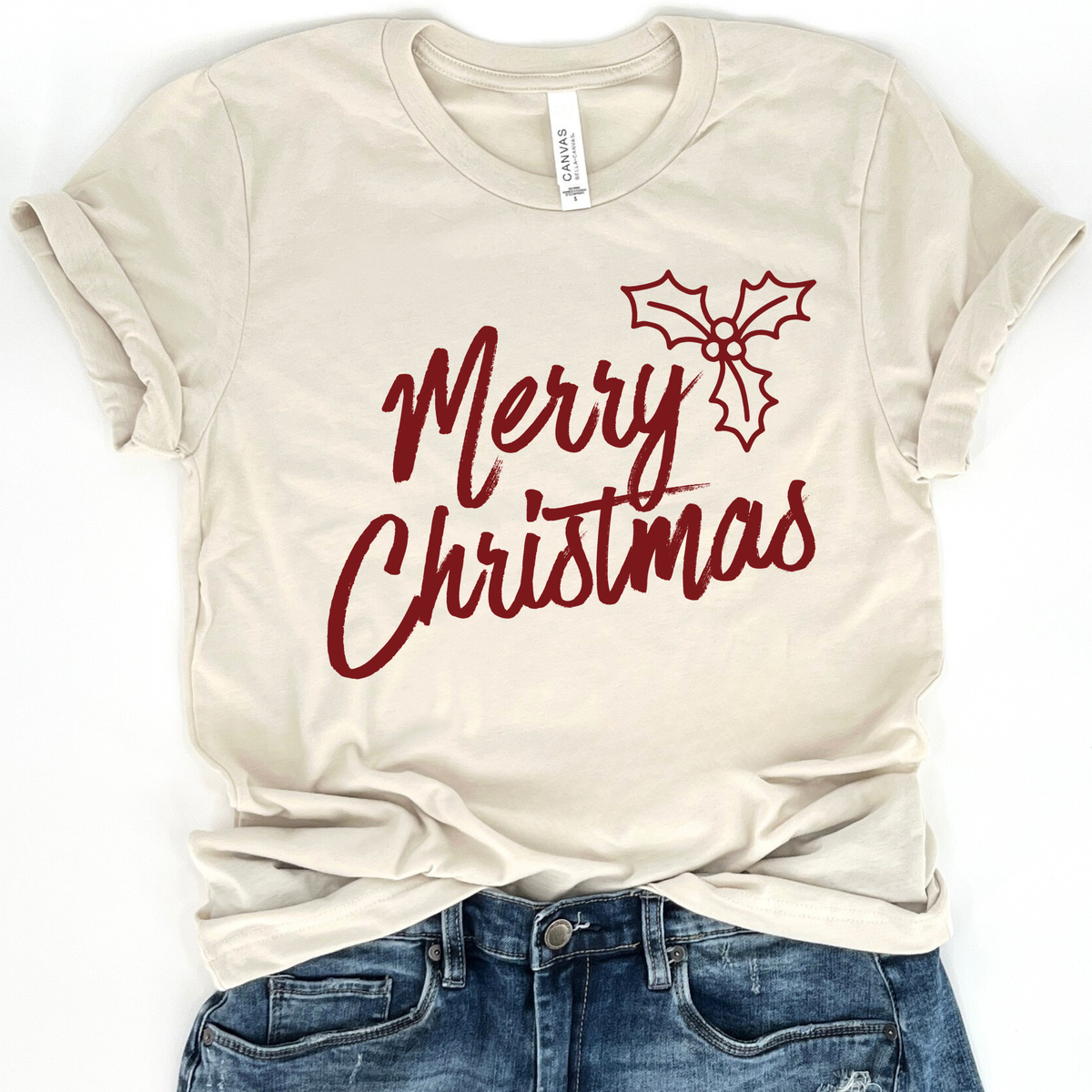 Merry Christmas Holly Graphic Tee | Women's Holiday Shirt
