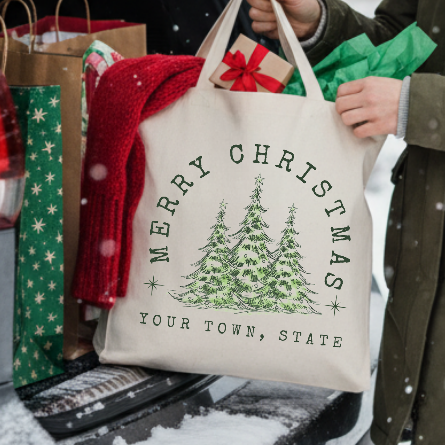 Custom Christmas tree canvas tote | Shopping book bag