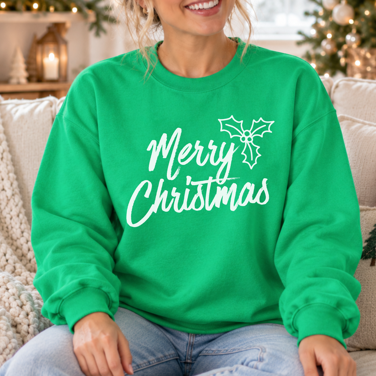 Merry Christmas Holly Graphic Sweatshirt | Holiday Top