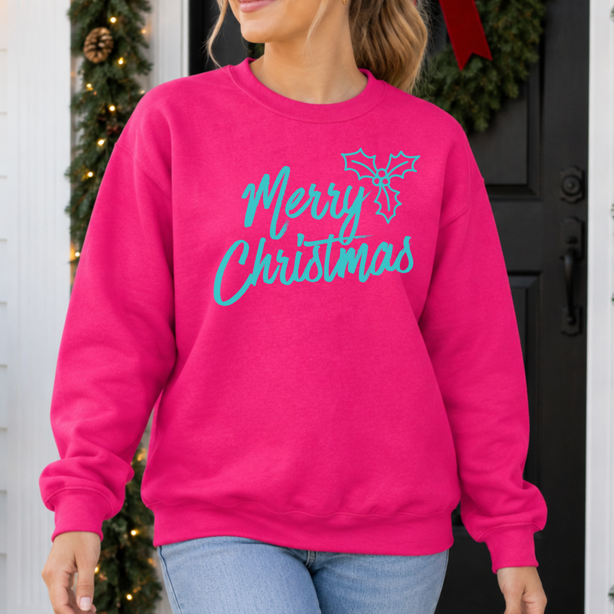 Merry Christmas Holly Graphic Sweatshirt | Holiday Top