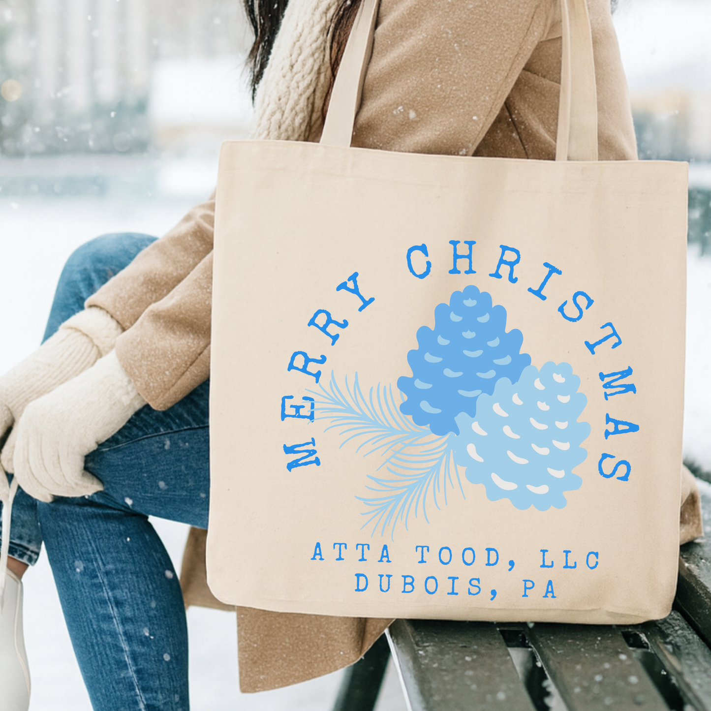 Personalized blue Christmas pine cone tote | Custom book bag