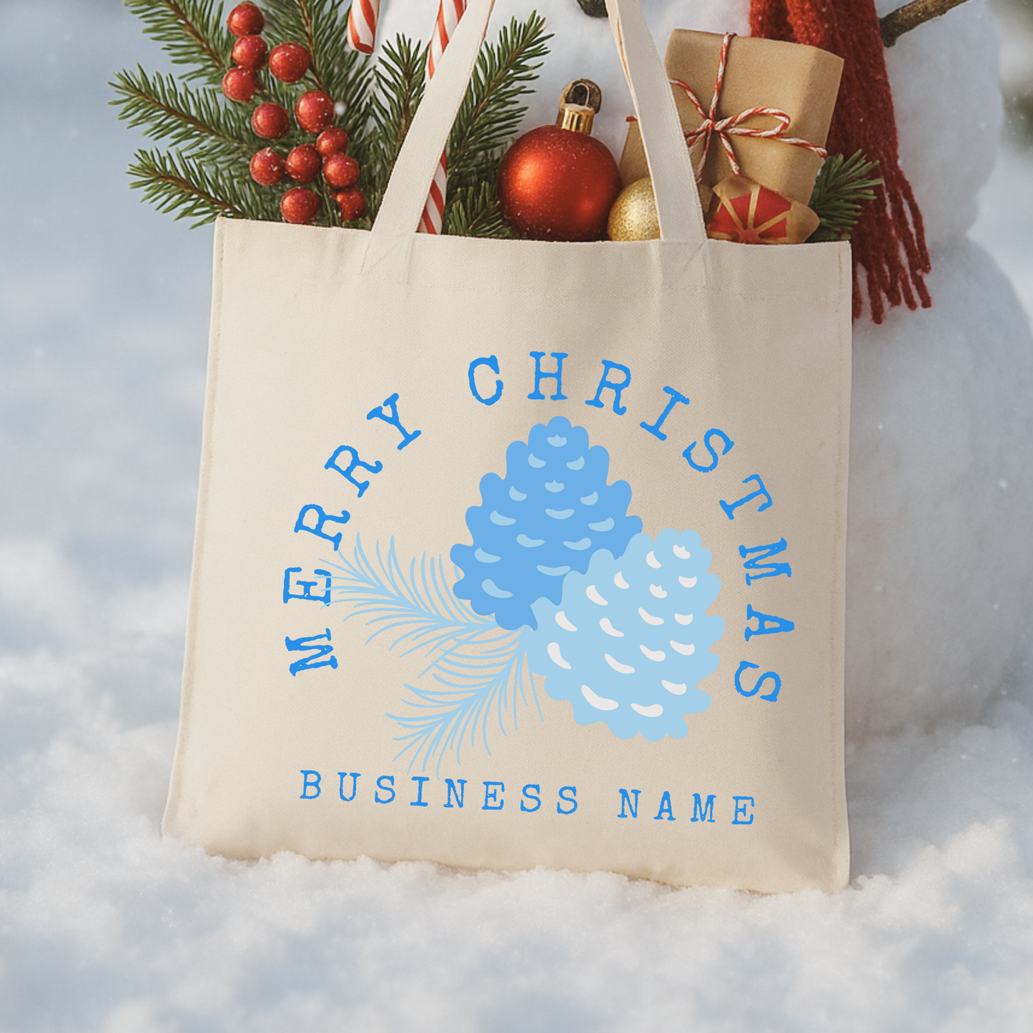 Personalized blue Christmas pine cone tote | Custom book bag