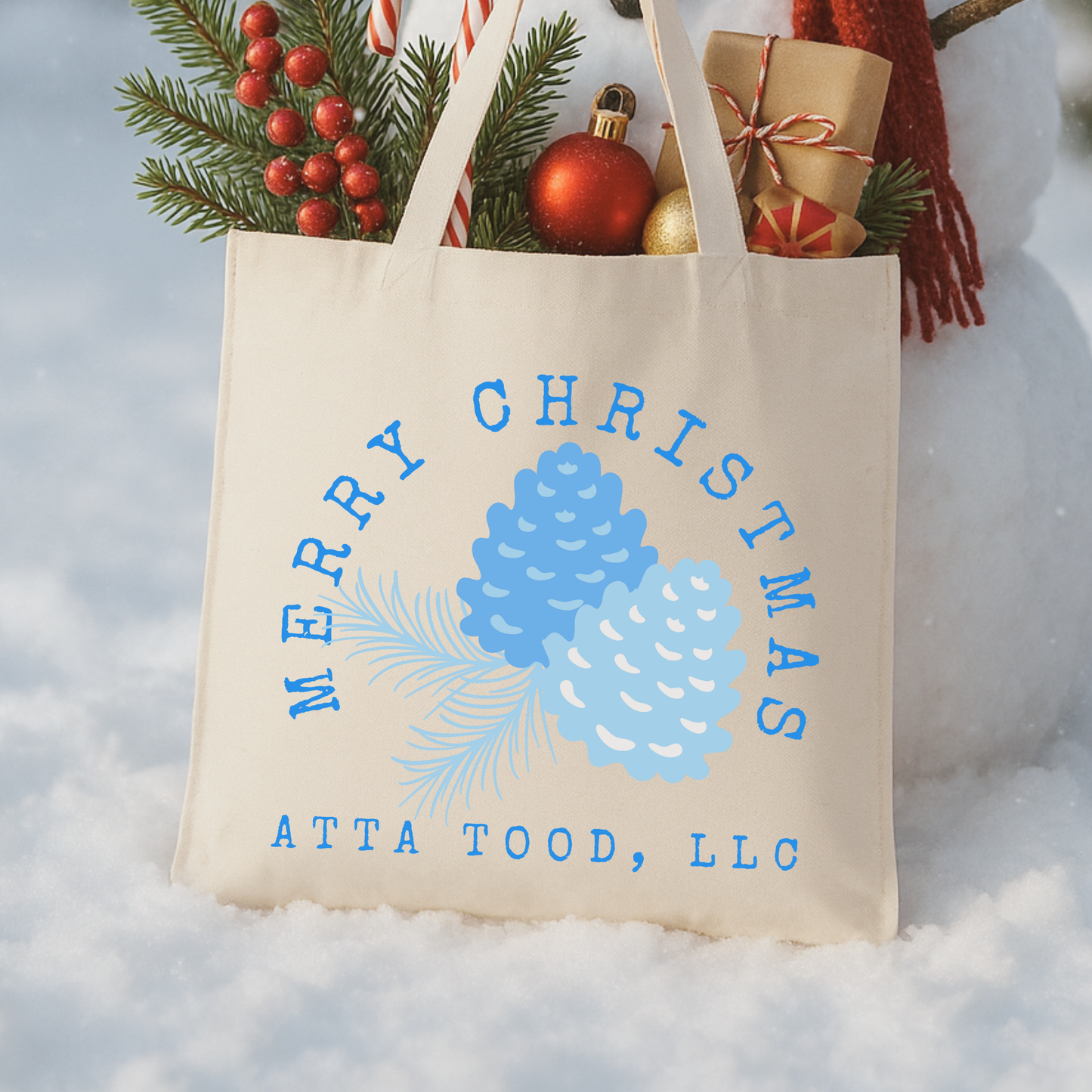 Personalized blue Christmas pine cone tote | Custom book bag