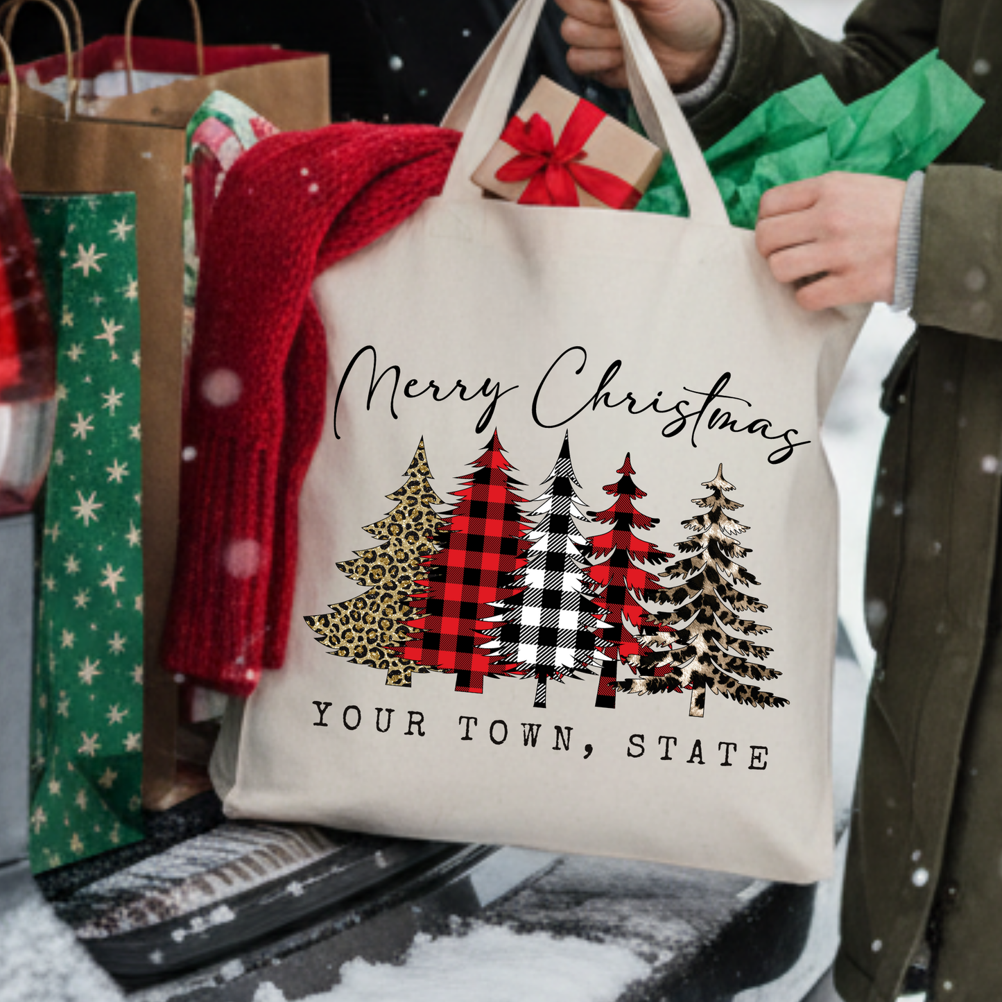 Personalized plaid Christmas trees tote | Custom Book bag