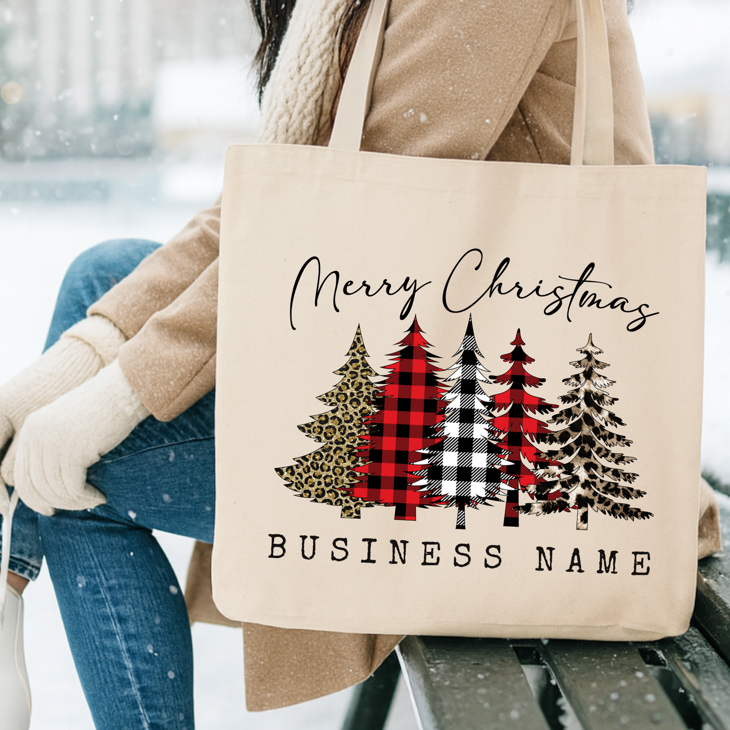 Personalized plaid Christmas trees tote | Custom Book bag