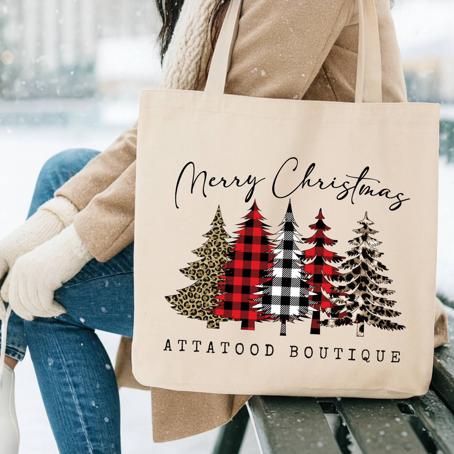 Personalized plaid Christmas trees tote | Custom Book bag