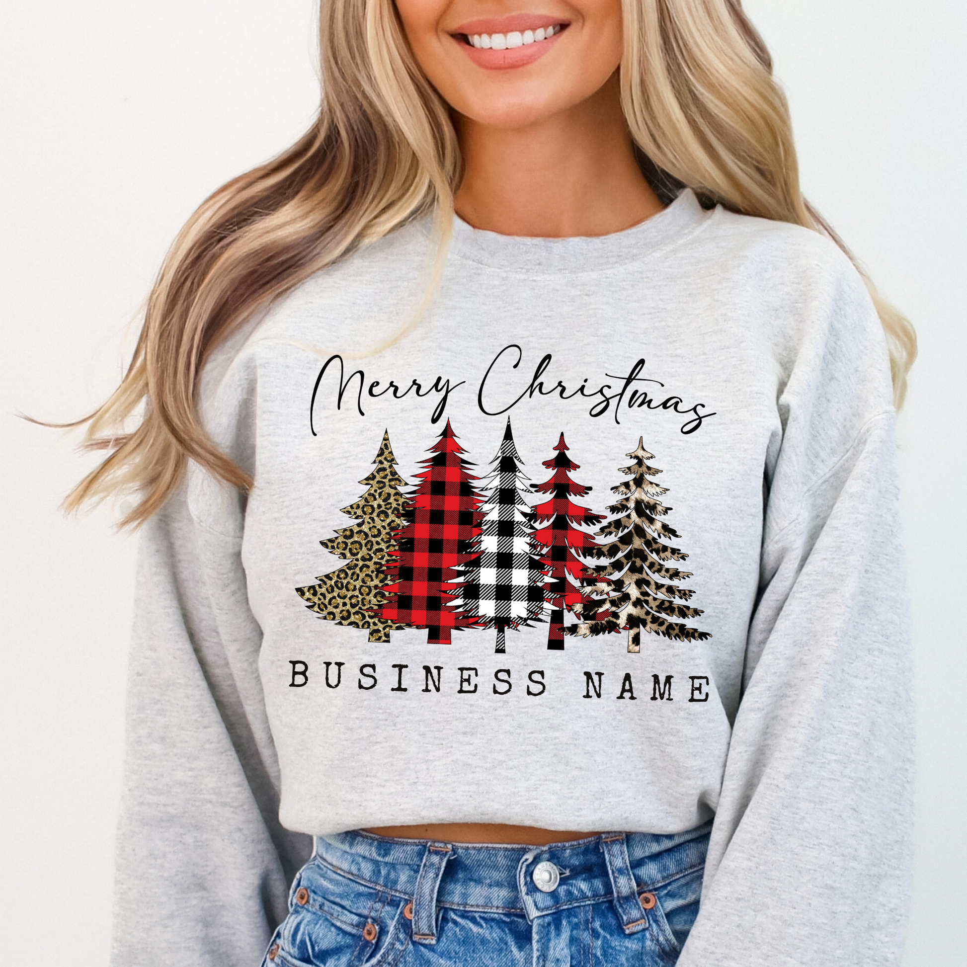 erry Christmas custom Ash sweatshirt.  5 Christmas trees with plaid and leopard print.  below trees you can customize your town and state, business or both. 