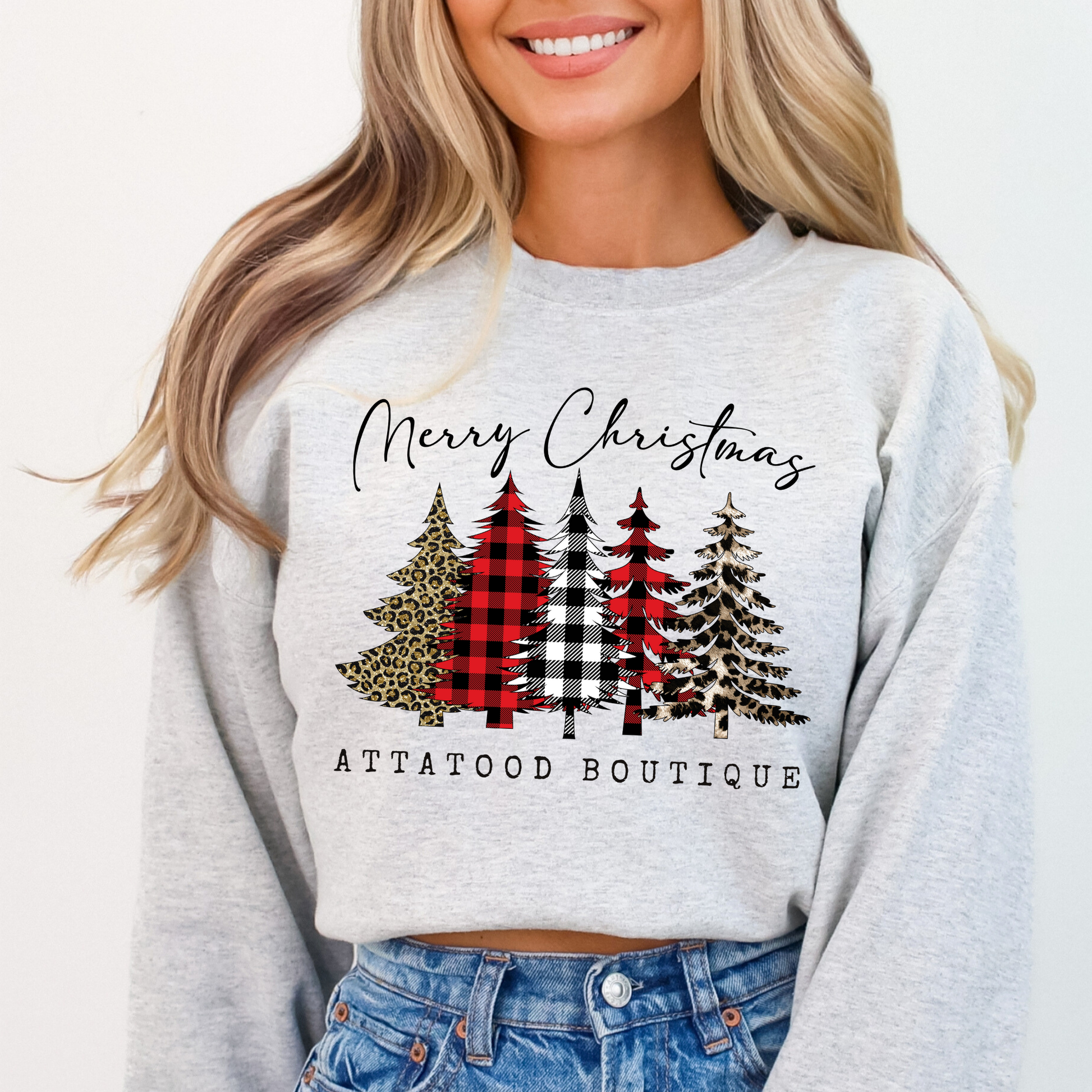 erry Christmas custom Ash sweatshirt.  5 Christmas trees with plaid and leopard print.  below trees you can customize your town and state, business or both. 
