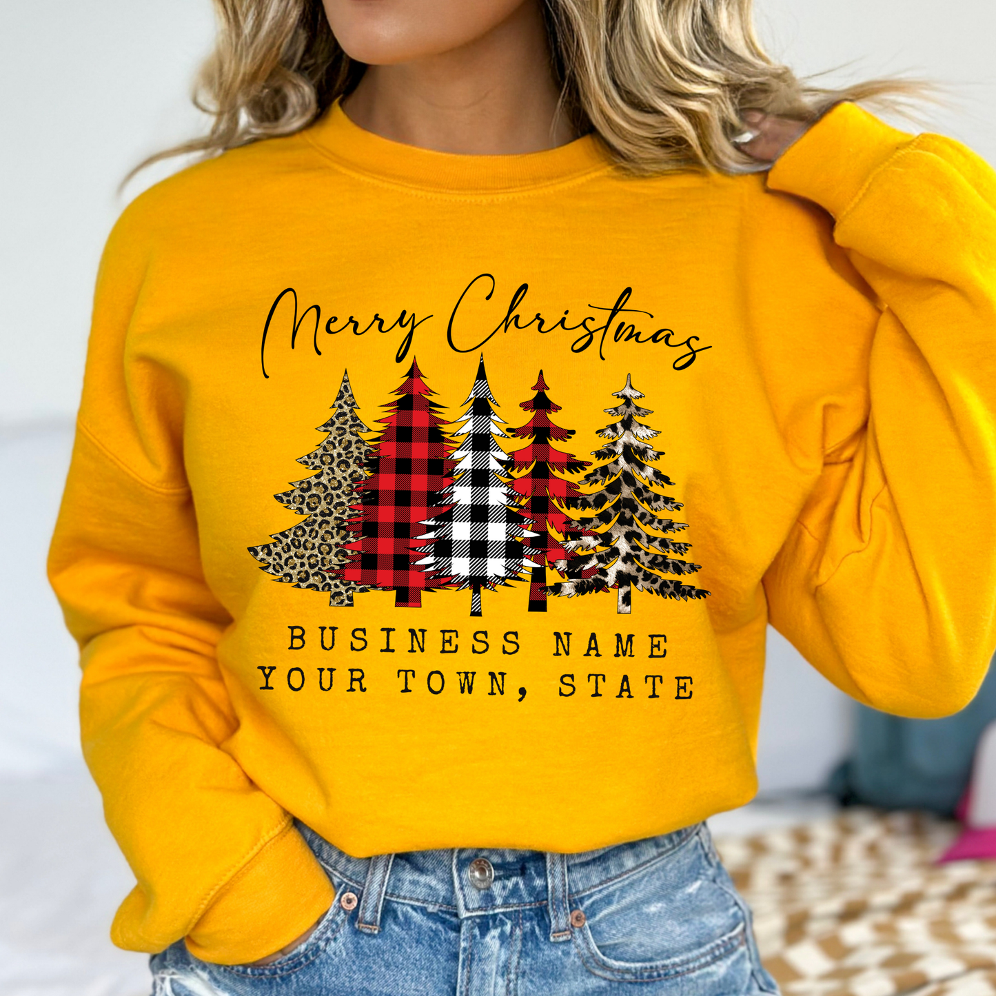 erry Christmas custom gold sweatshirt.  5 Christmas trees with plaid and leopard print.  below trees you can customize your town and state, business or both. 