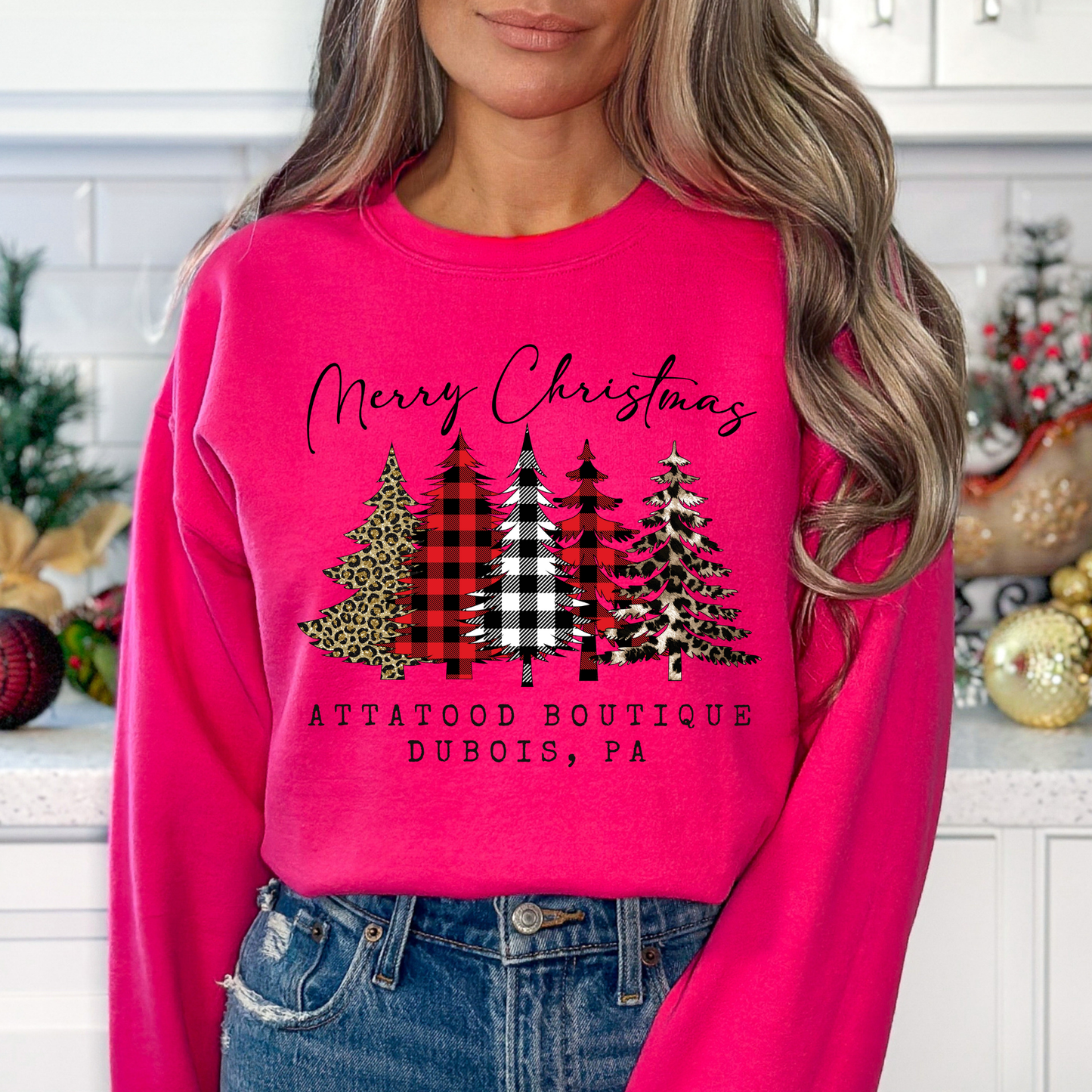 erry Christmas custom heliconia sweatshirt.  5 Christmas trees with plaid and leopard print.  below trees you can customize your town and state, business or both. 