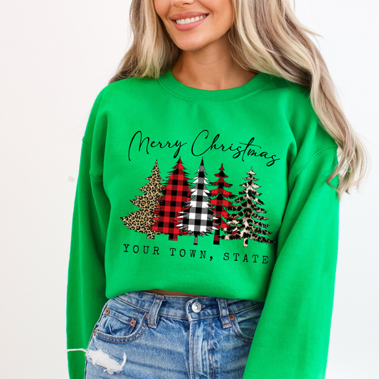 Merry Christmas custom Irish Green sweatshirt.  5 Christmas trees with plaid and leopard print.  below trees you can customize your town and state, business or both. 
