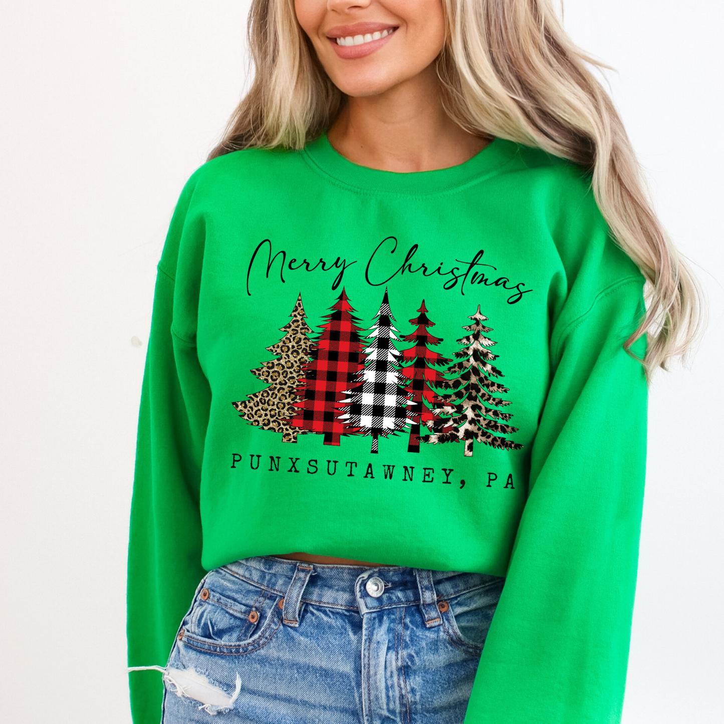 erry Christmas custom Irish Green sweatshirt.  5 Christmas trees with plaid and leopard print.  below trees you can customize your town and state, business or both. 
