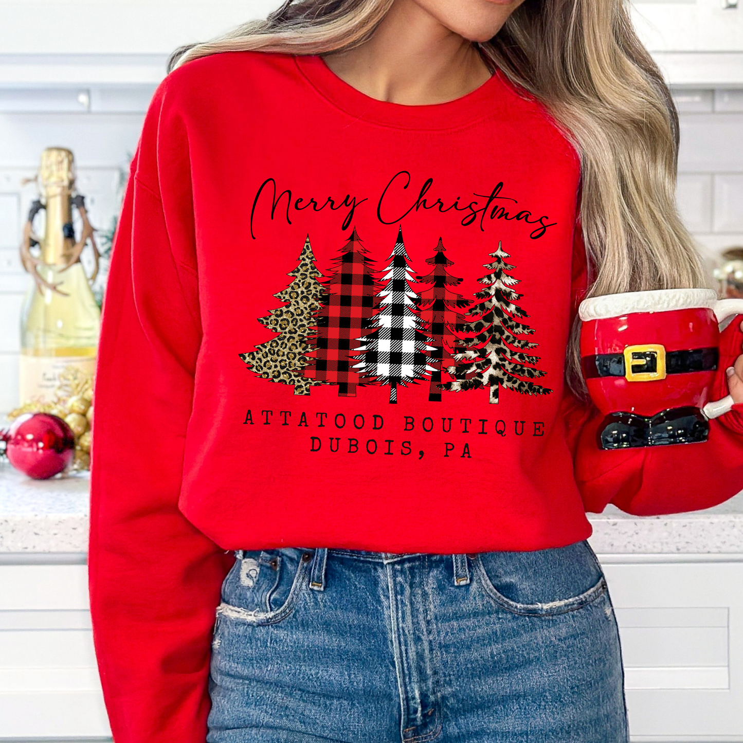 erry Christmas custom red sweatshirt.  5 Christmas trees with plaid and leopard print.  below trees you can customize your town and state, business or both. 