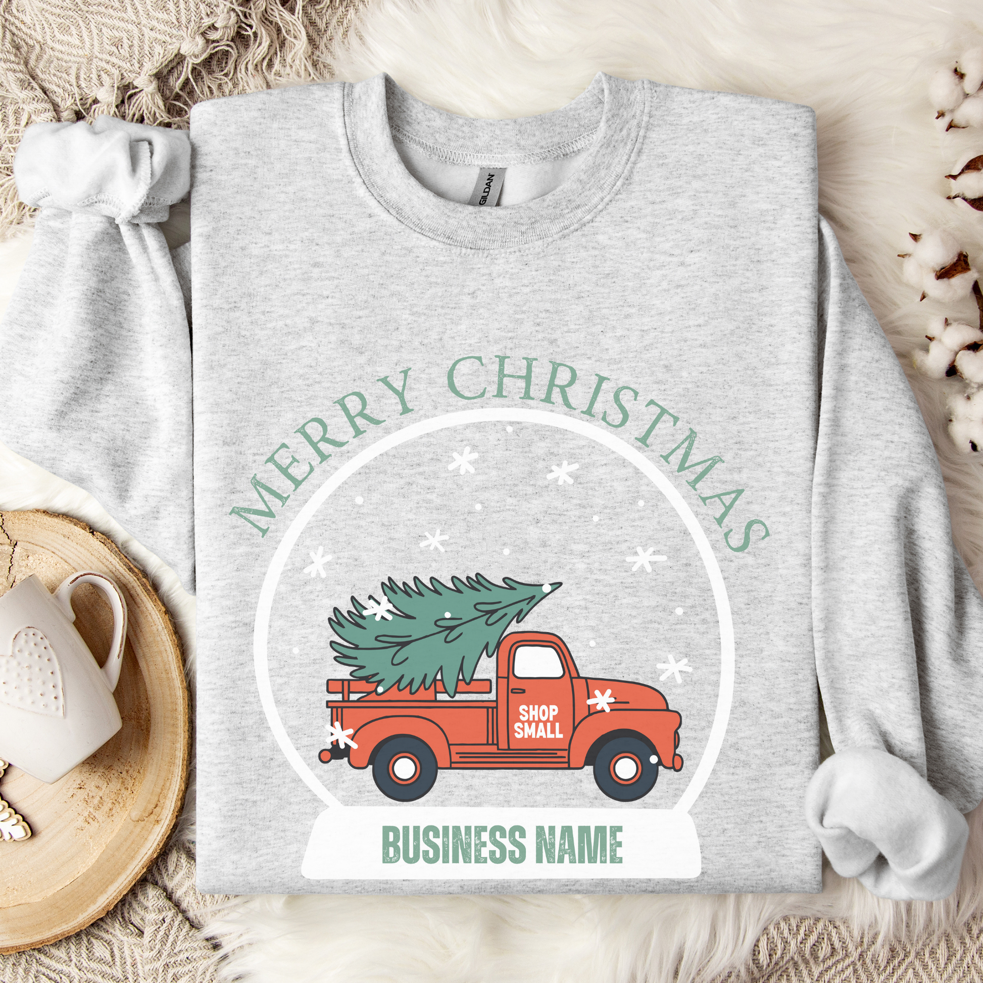 snow globe of a vintage red truck with a Christmas tree in the back that you can customize with your zip code, business name, city and state, or shop small.  ashsweatshirt
