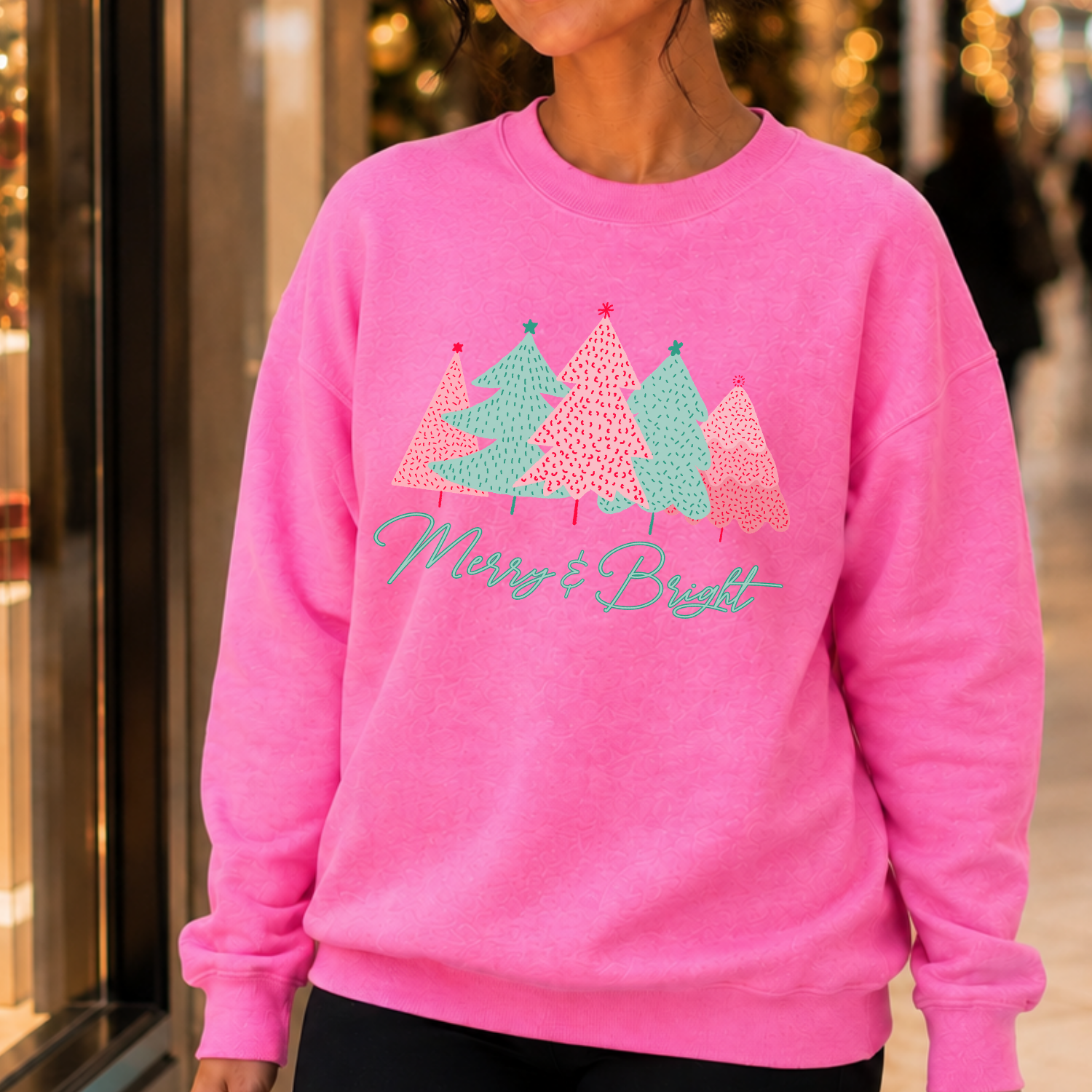 Merry and bright pink and green christmas trees on a hot pink sweatshirt