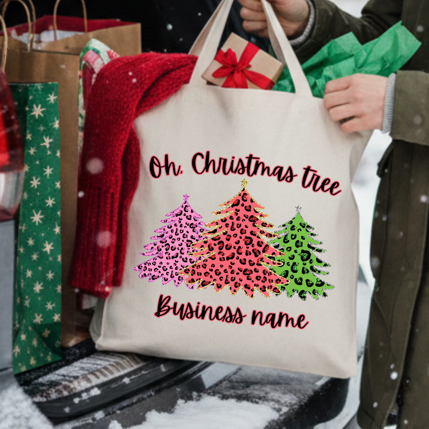 Personalized leopard print Christmas trees tote | Book bag