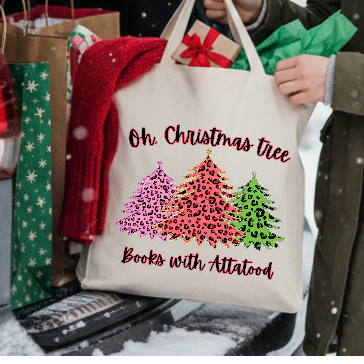 Personalized leopard print Christmas trees tote | Book bag