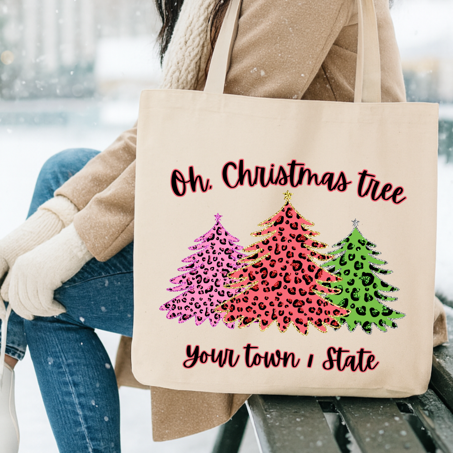 Personalized leopard print Christmas trees tote | Book bag