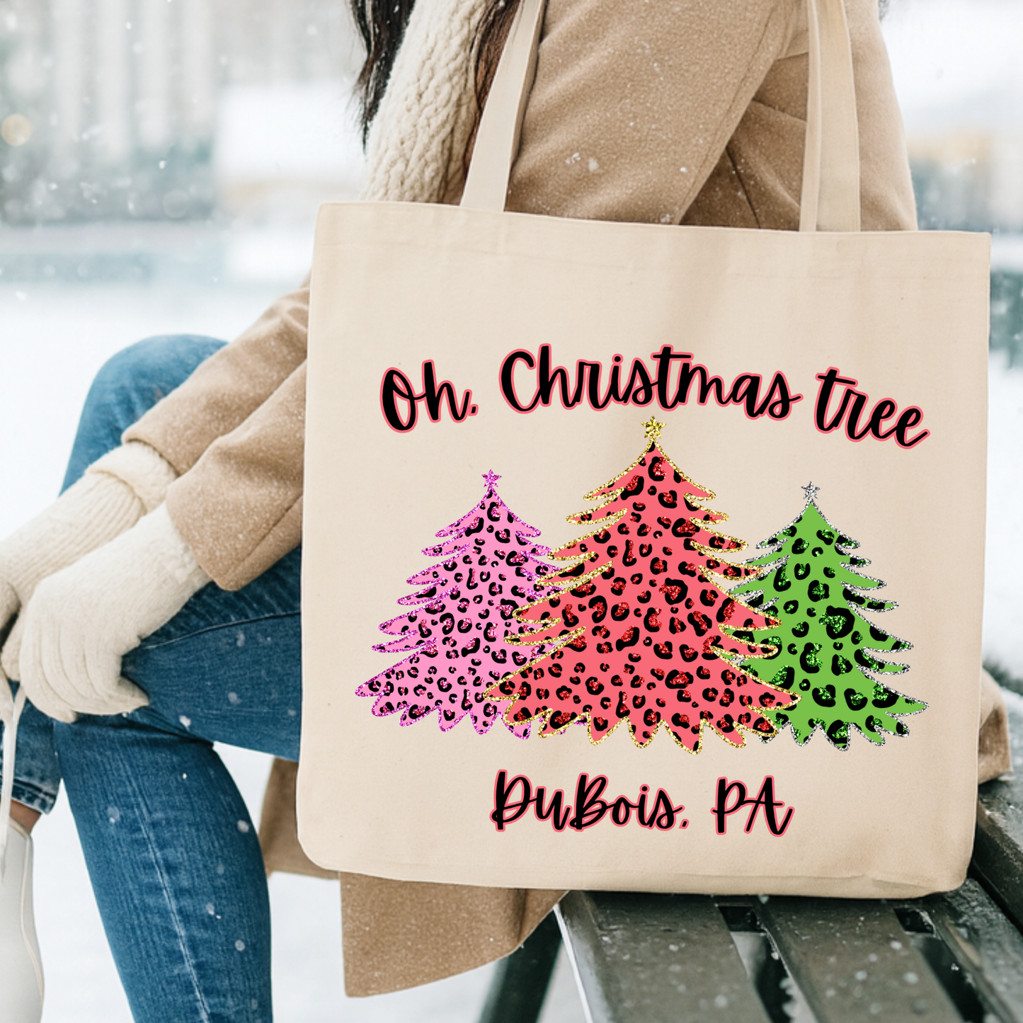 Personalized leopard print Christmas trees tote | Book bag