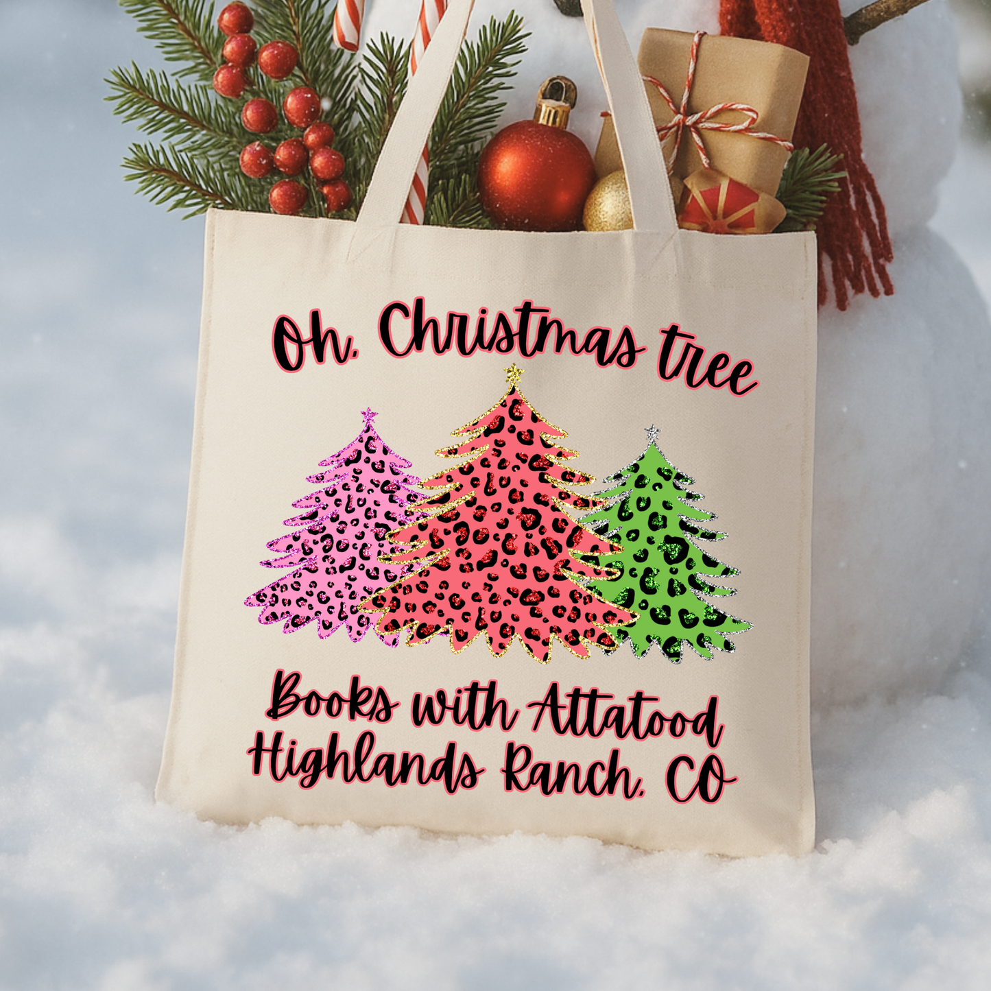 Personalized leopard print Christmas trees tote | Book bag