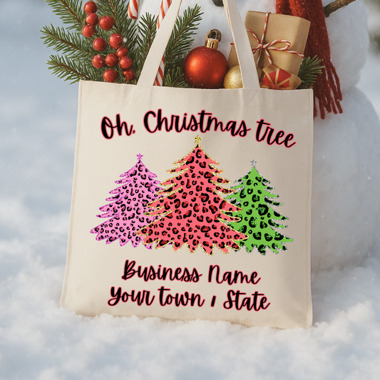 Tote bag with Christmas-themed design featuring neon pink and gree Christmas trees .  Tote says Oh, Christmas tree