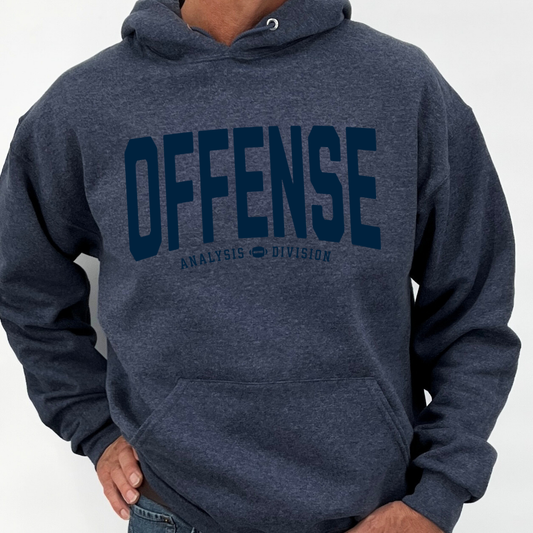 Navy blue hoodie with 'OFFENSE' text on a white background