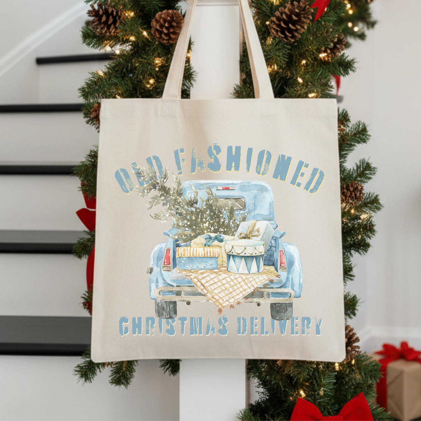 Tote bag with Christmas truck design that says Old fashioned Christmas Delivery