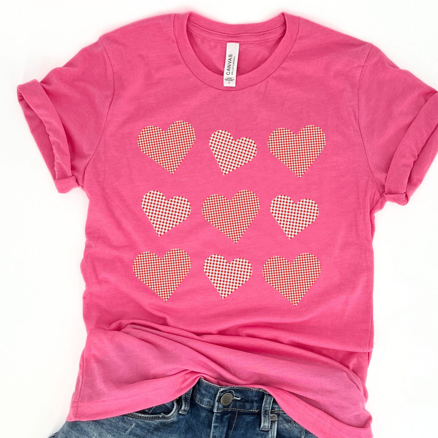 Valentine's Plaid coquette hearts women's graphic t-shirt