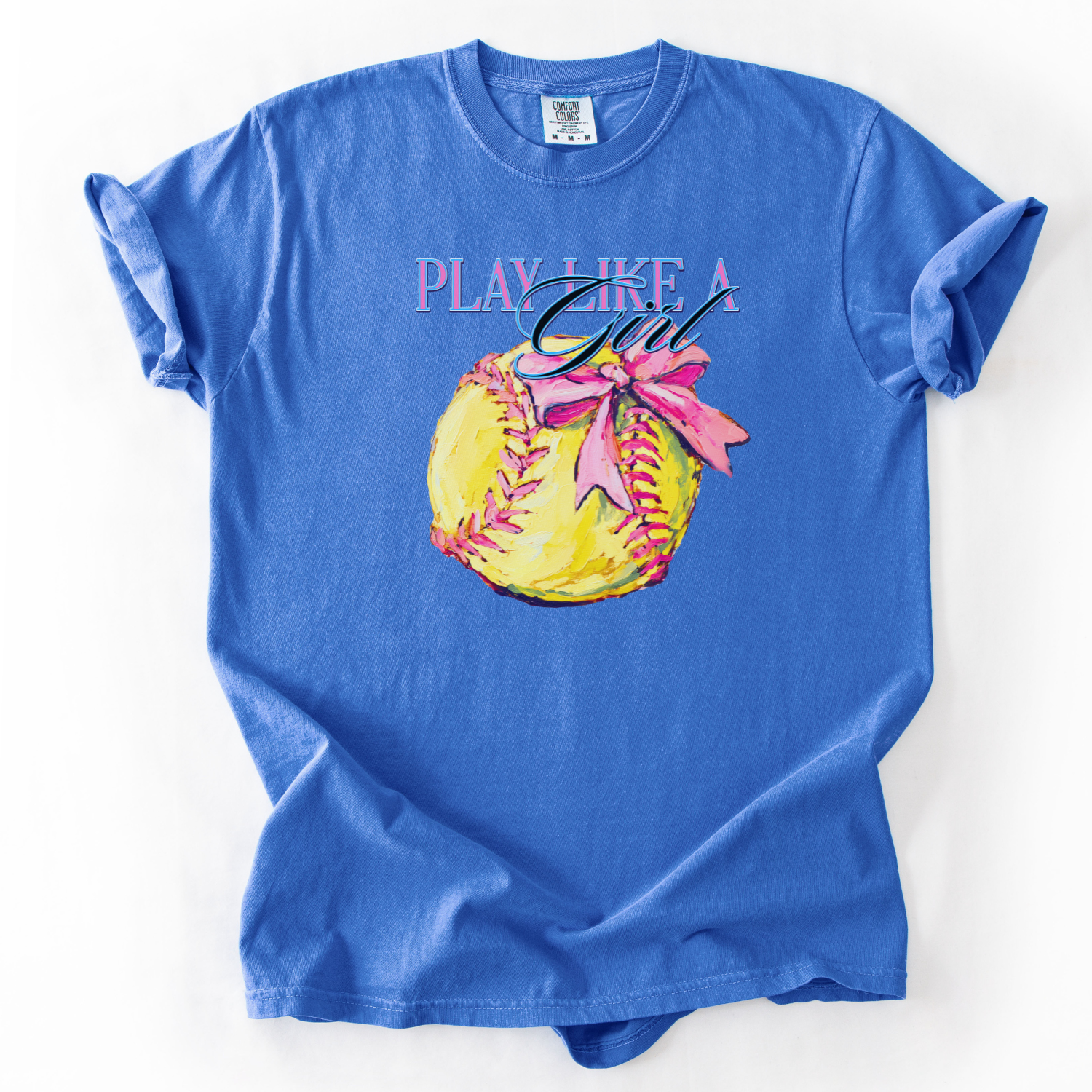 Blue t-shirt with a graphic of a softball and text 'Play Like a Girl' on a white background