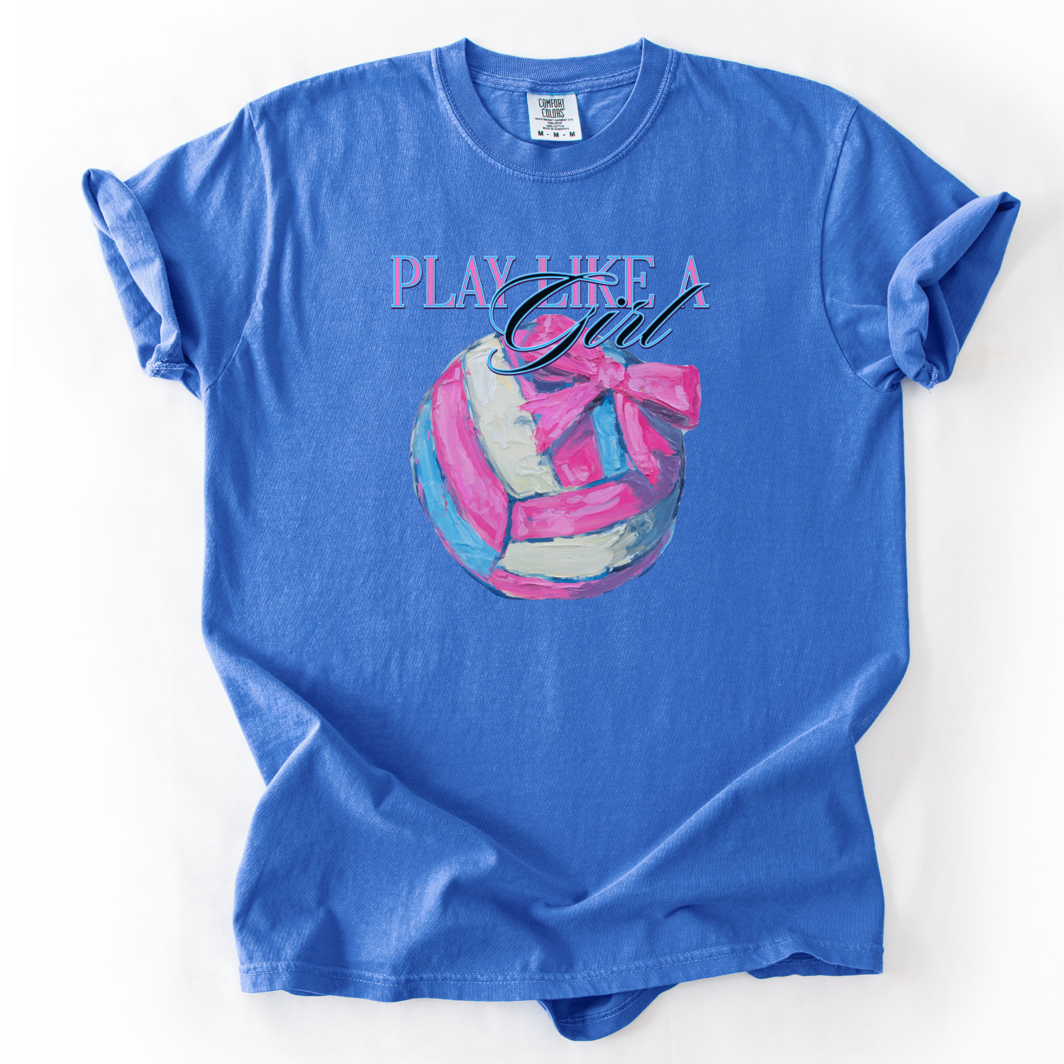 Play like a girl pink blue and white volleyball graphic with a bow on a flo blue comfort colors tee