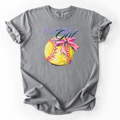 gray t-shirt with a graphic of a softball and text 'Play Like a Girl' on a white background