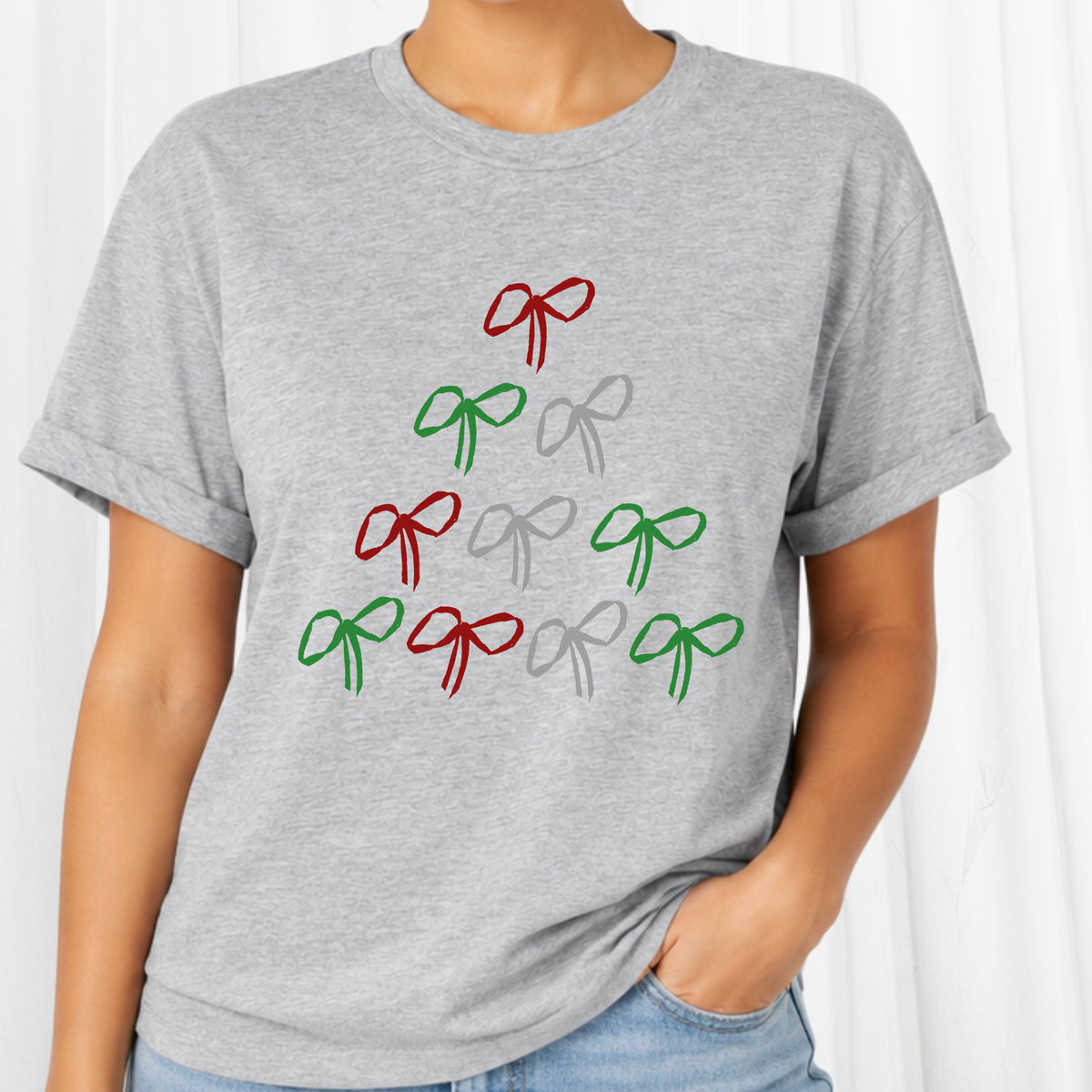 Red, Green, Silver Christmas Tree Bows Graphic T-shirt