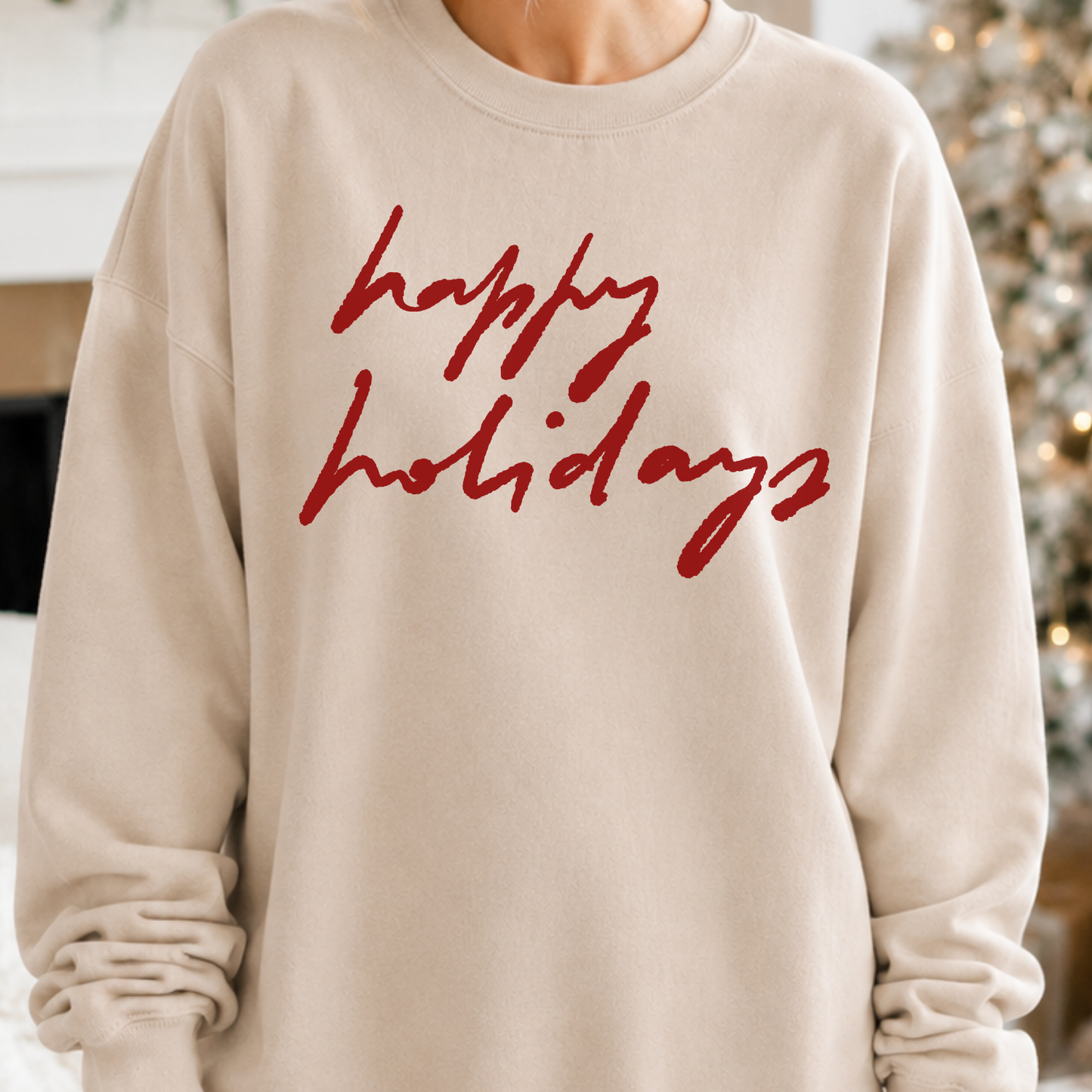 Happy Holidays Christmas Graphic on a beige Sweatshirt 