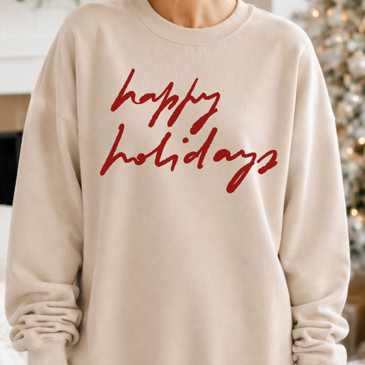 Happy Holidays Christmas Graphic on a beige Sweatshirt 