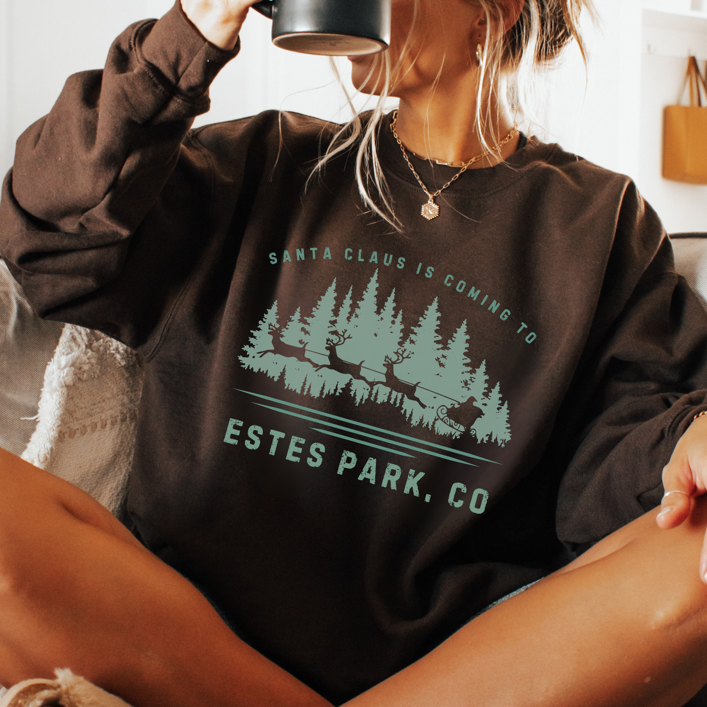 Custom Santa's coming to.  customize your city, state or business.  Santa's sleigh and reindeer flying over the forest on a dark brown sweatshirt.