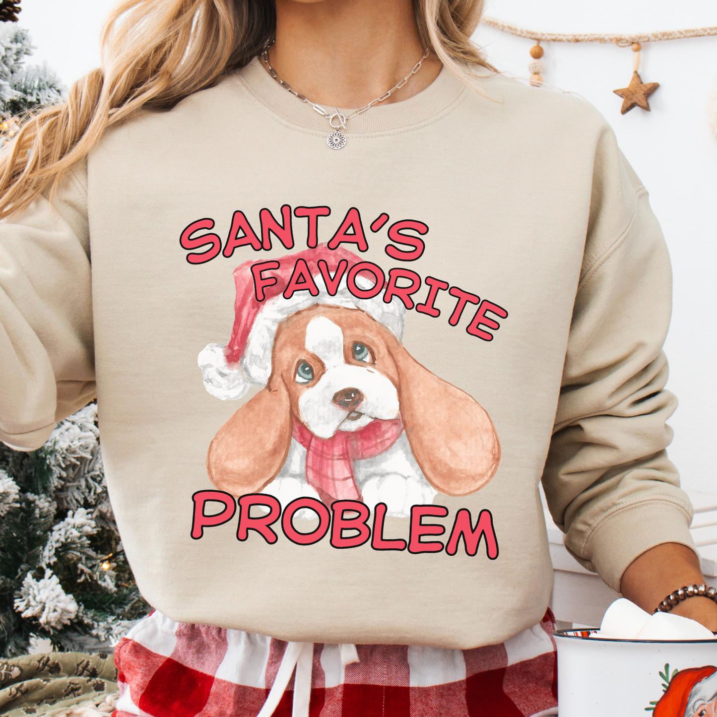 Santa's Favorite Problem Christmas Puppy Graphic on a beige Sweatshirt 