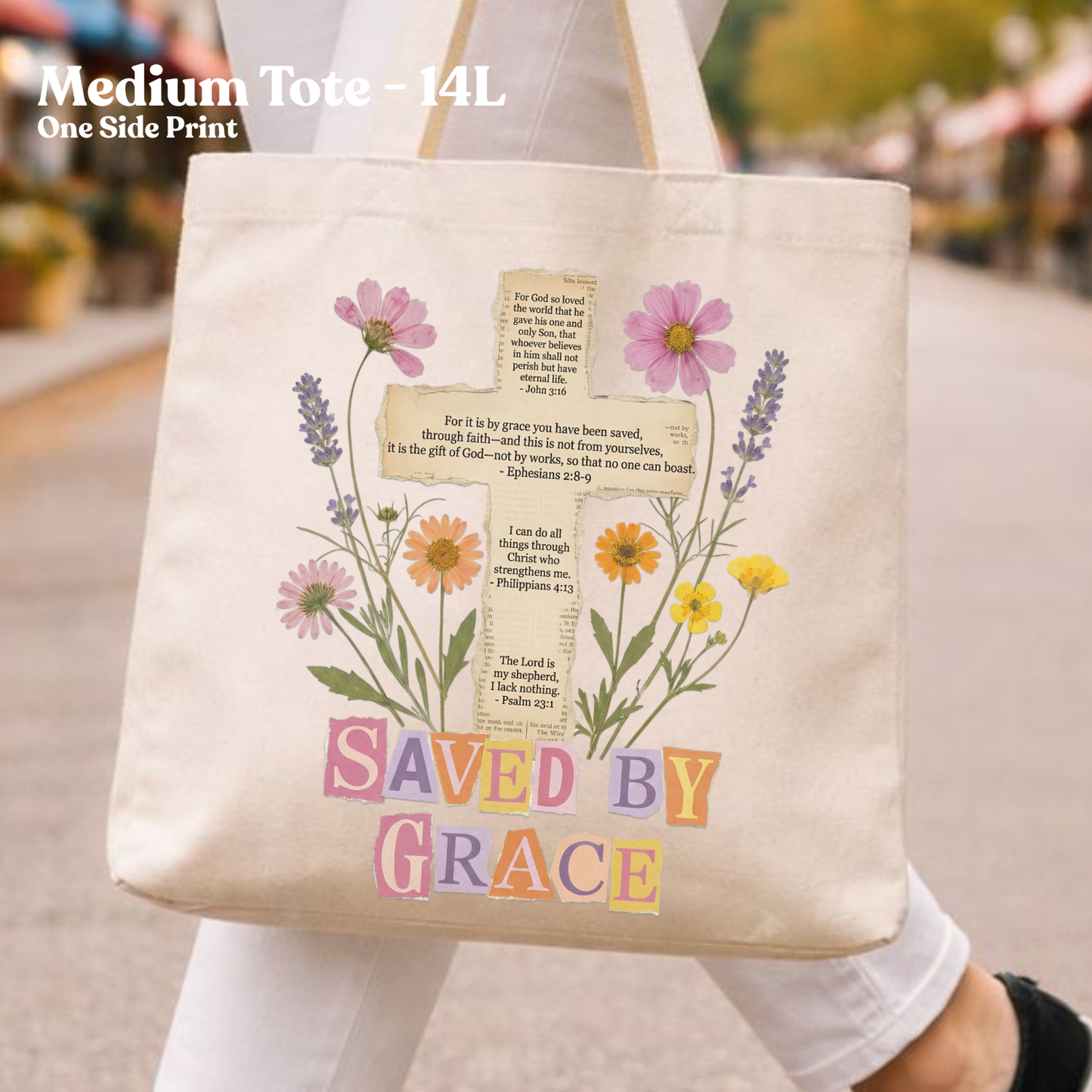Save By Grace Christian Cross Faith Canvas Tote Bag