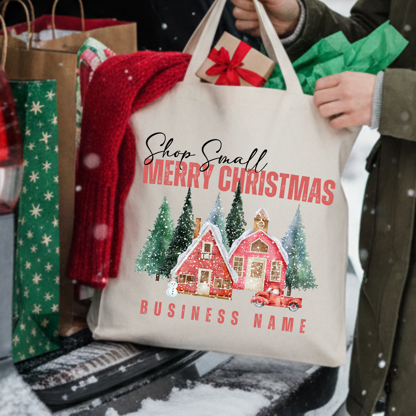 Shop small Merry Christmas tote bag featuring a house, barn, red truck and snowman.  Personalize it.