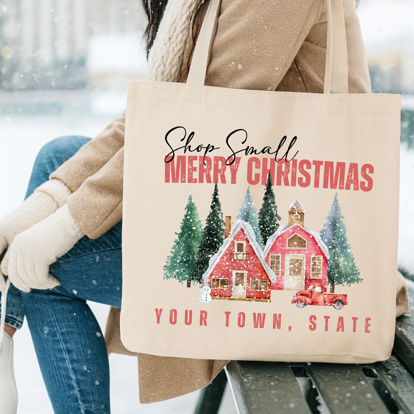 Custom shop small town Christmas tote | Holiday book bag